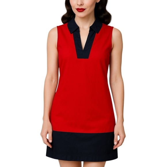 SAIL TO SABLE Color Block Red & Navy Preppy Patriotic Sleeveless Shift Dress - Picture 1 of 11
